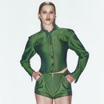 Yeşil denim fermuarlı mini şort