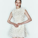 Ekru mandarin yaka 3D çiçekli detaylı a kesim mini elbise