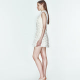 Ekru mandarin yaka 3D çiçekli detaylı a kesim mini elbise