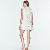 Ekru mandarin yaka 3D çiçekli detaylı a kesim mini elbise