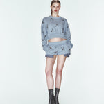 Mavi çiçek boncuk işlemeli overize sweatshirt