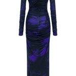 Khela mor siyah desen baskılı kayık yaka drape detaylı maksi elbise