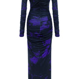 Khela mor siyah desen baskılı kayık yaka drape detaylı maksi elbise