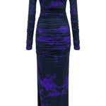 Khela mor siyah desen baskılı kayık yaka drape detaylı maksi elbise