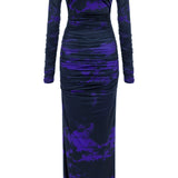 Khela mor siyah desen baskılı kayık yaka drape detaylı maksi elbise