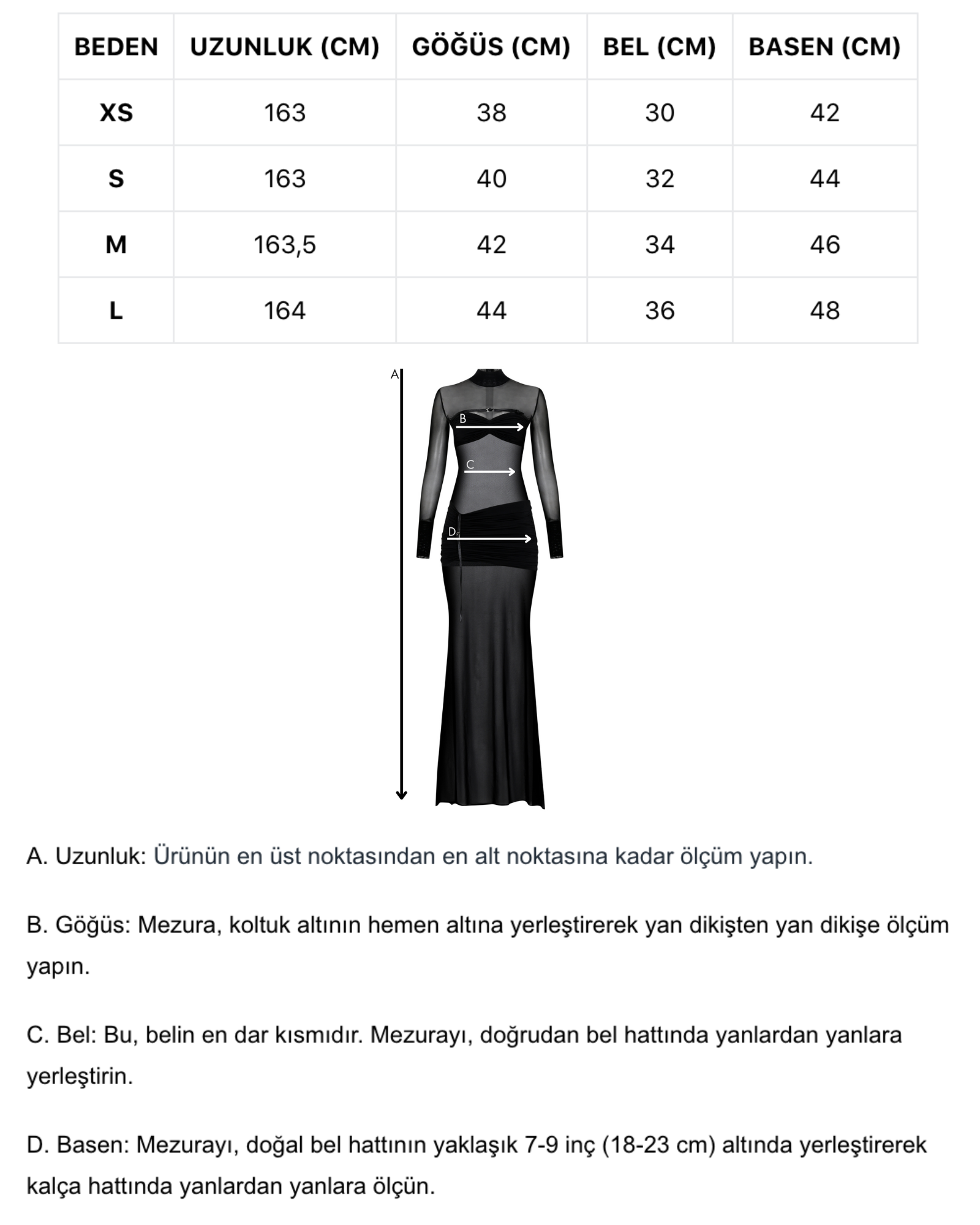 Siyah büzgü detaylı dik yaka transapan maksi elbise