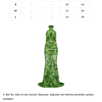 Yeşil tül kumaş büzgü detaylı göğüs dekolteli transparan maksi elbise