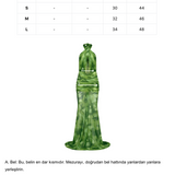 Yeşil tül kumaş büzgü detaylı göğüs dekolteli transparan maksi elbise