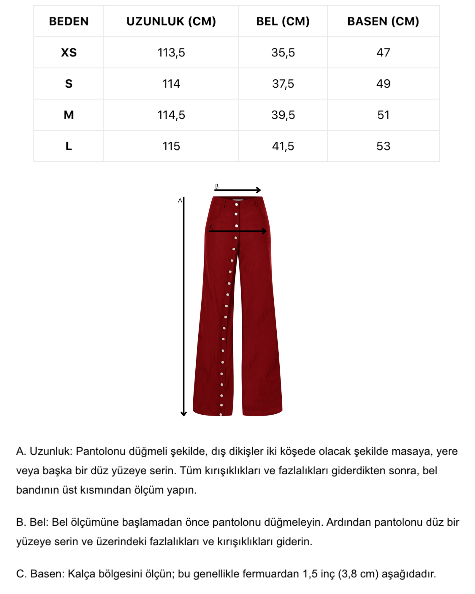 Bordo metal düğmeli yırtmaçlı bol pantolon