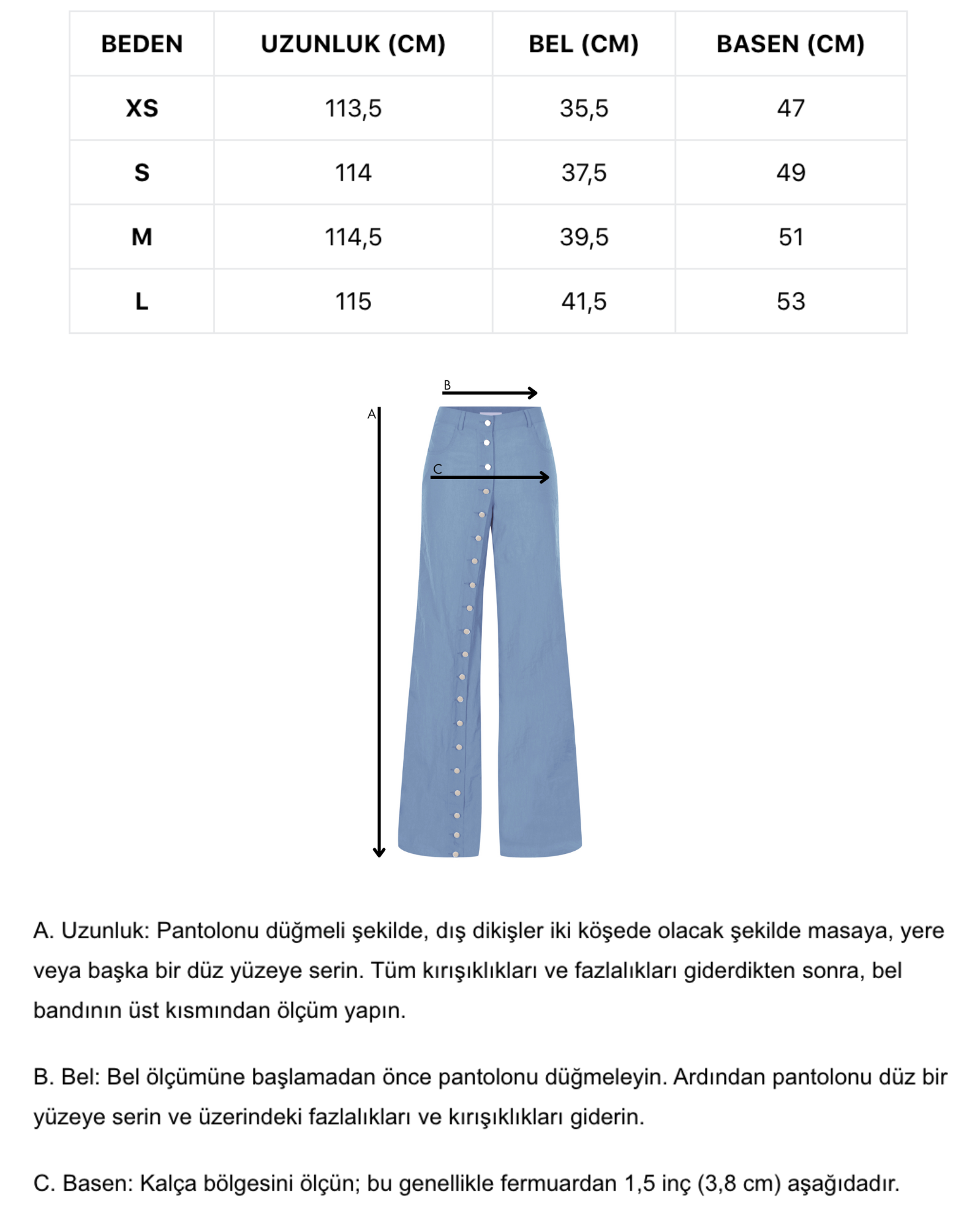 Mavi metal düğmeli yırtmaçlı bol pantolon