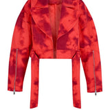 Kırmızı desenli kruvaze detaylı kemerli ceket