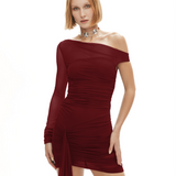 Bordo tek omuz drapeli mini elbise