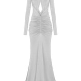 İnci uzun kollu çapraz askılı cut-out detaylı drapeli maxi elbise