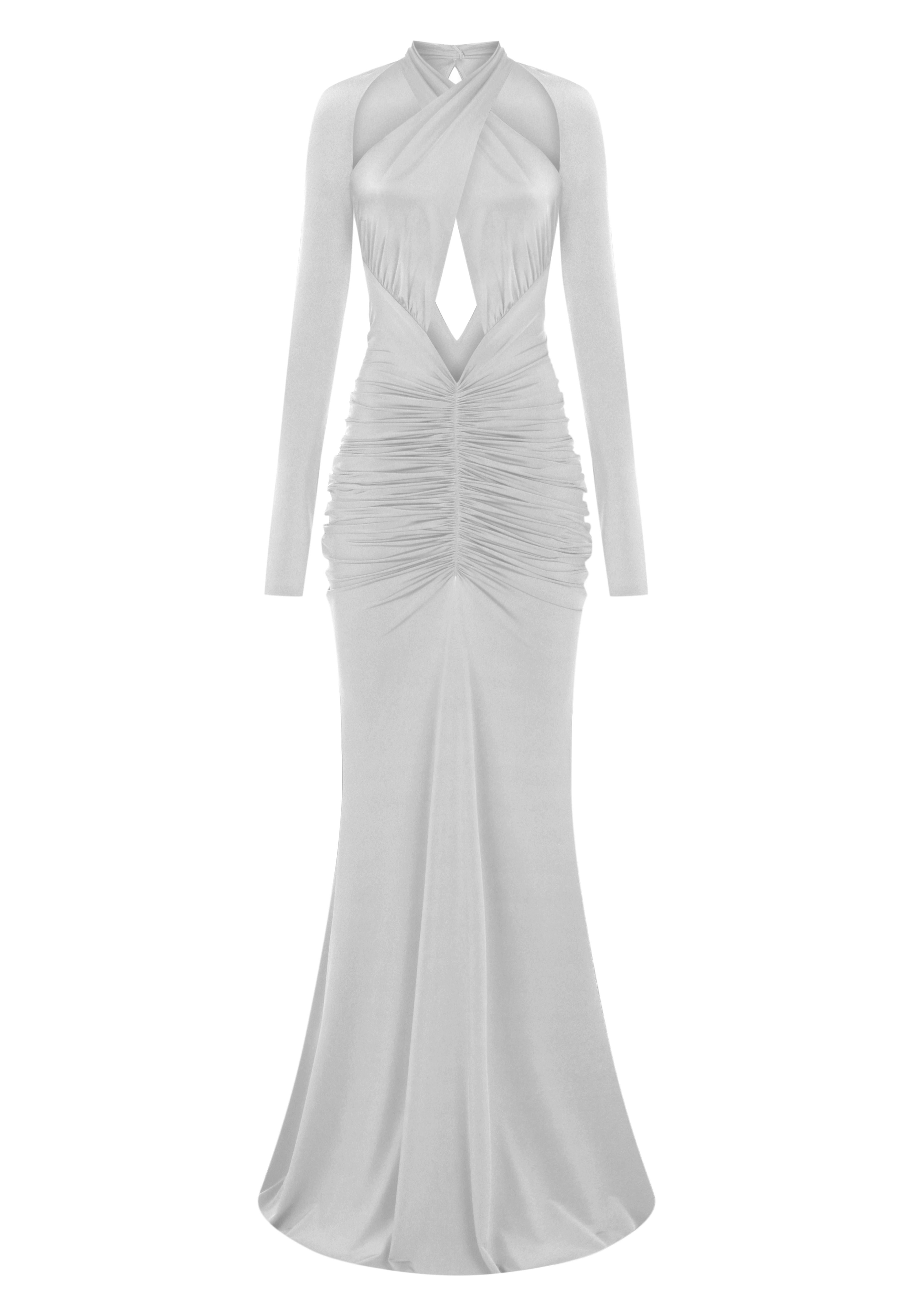 İnci uzun kollu çapraz askılı cut-out detaylı drapeli maxi elbise