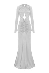 İnci uzun kollu çapraz askılı cut-out detaylı drapeli maxi elbise