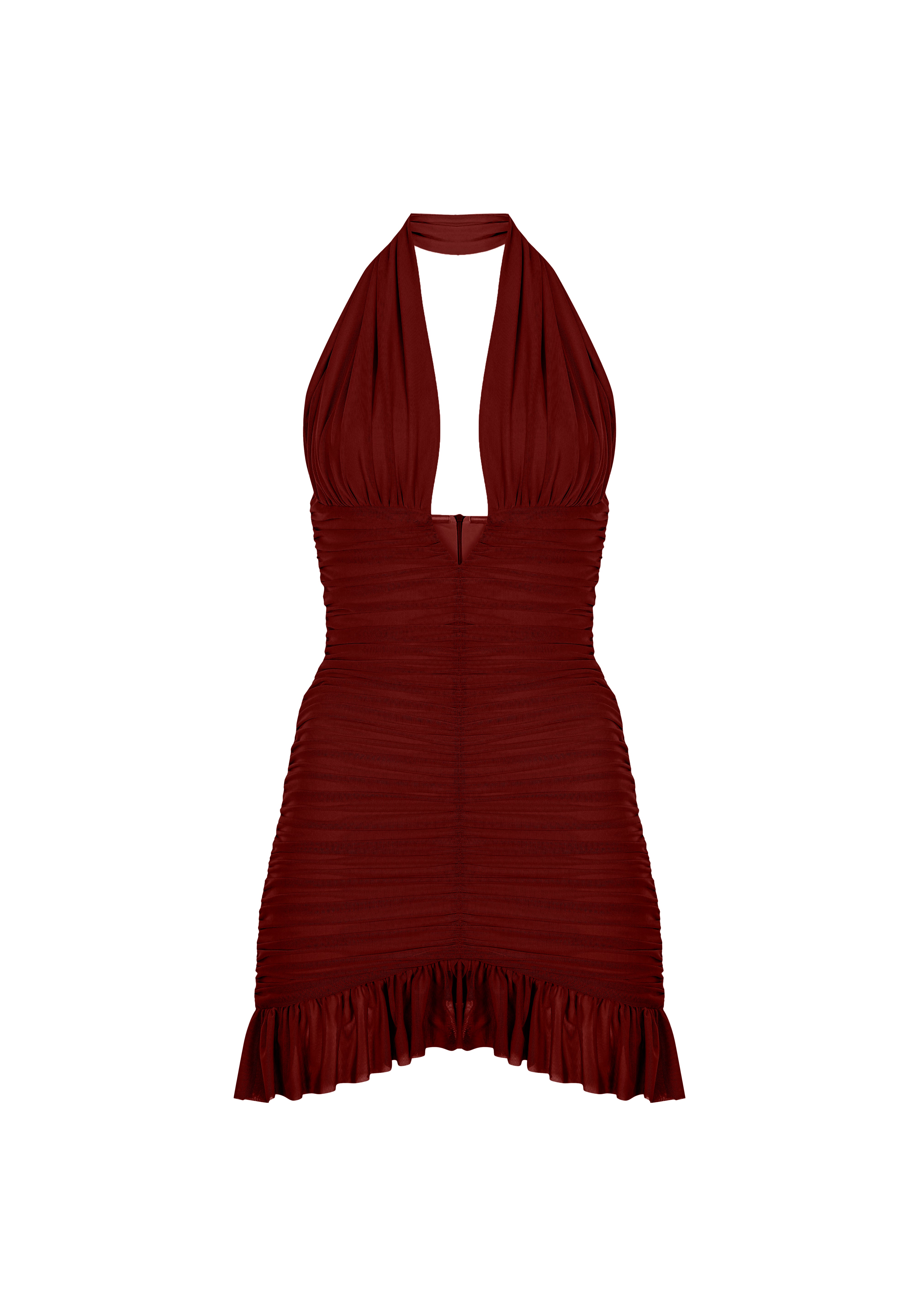 Bordo çıkarılabilir tül detaylı drapeli mini elbise