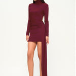Bordo yüksek yaka uzun kollu drapeli mini elbise