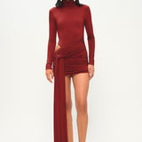  Bordo yüksek yaka uzun kollu drapeli mini elbise