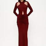 Bordo uzun kollu çapraz askılı cut-out detaylı drapeli maxi elbise