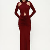 Bordo uzun kollu çapraz askılı cut-out detaylı drapeli maxi elbise