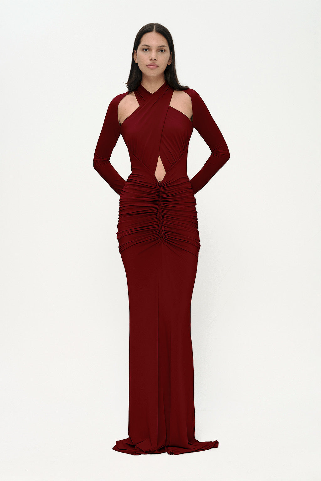 Bordo uzun kollu çapraz askılı cut-out detaylı drapeli maxi elbise