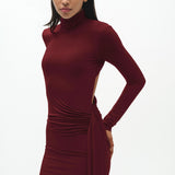 Bordo yüksek yaka uzun kollu drapeli mini elbise