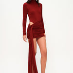  Bordo yüksek yaka uzun kollu drapeli mini elbise