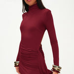 Bordo yüksek yaka uzun kollu drapeli mini elbise