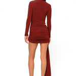  Bordo yüksek yaka uzun kollu drapeli mini elbise