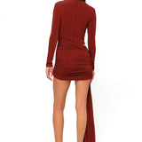  Bordo yüksek yaka uzun kollu drapeli mini elbise
