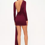 Bordo yüksek yaka uzun kollu drapeli mini elbise