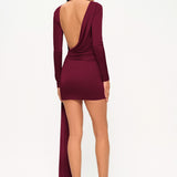 Bordo yüksek yaka uzun kollu drapeli mini elbise