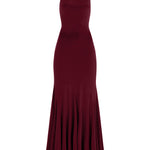  Bordo yüksek yaka sırt dekolteli uzun kuşak detaylı jarse maxi elbise