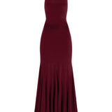  Bordo yüksek yaka sırt dekolteli uzun kuşak detaylı jarse maxi elbise