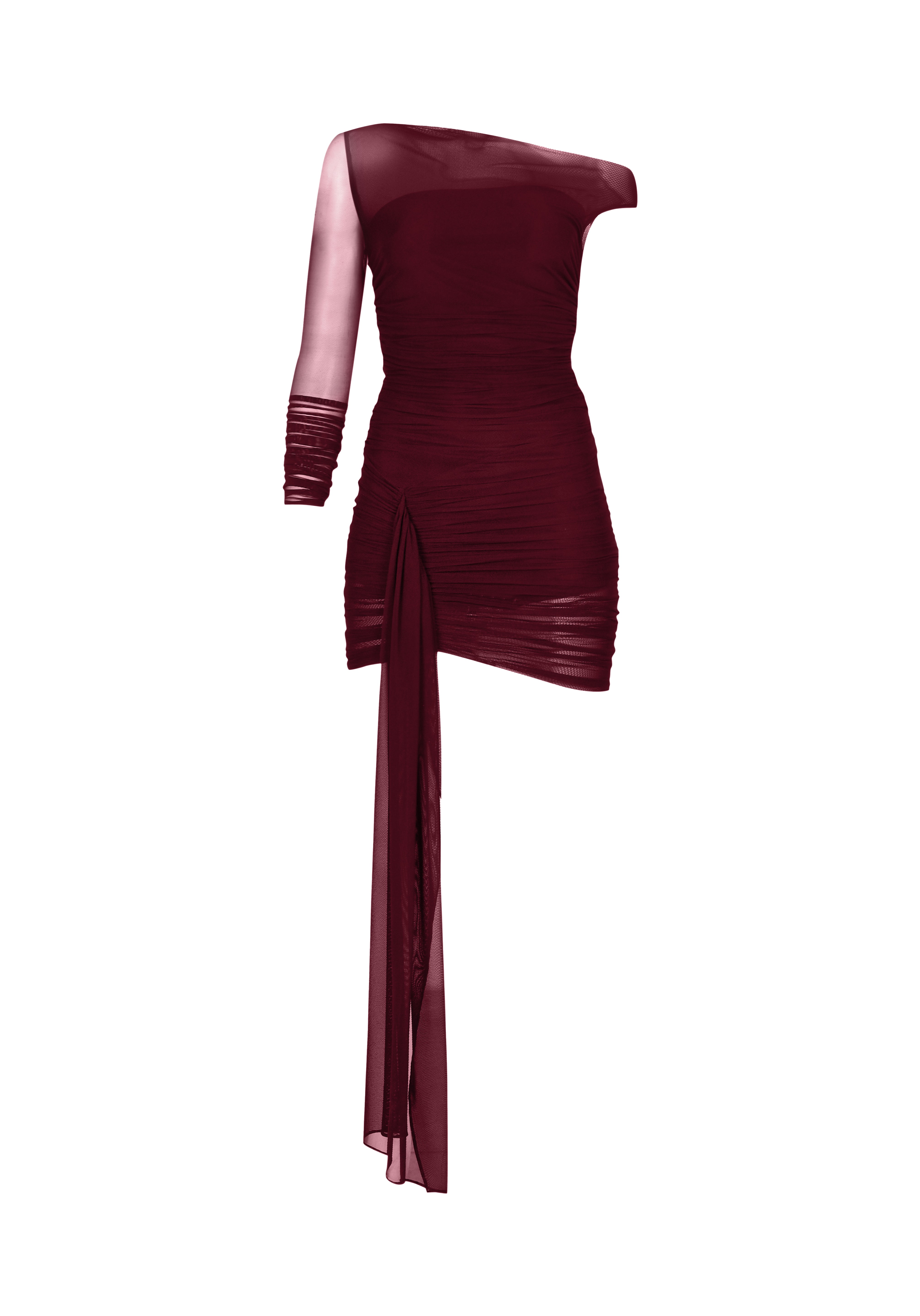 Bordo tek omuz drapeli mini elbise
