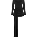 Siyah yüksek yaka uzun kollu drapeli mini elbise