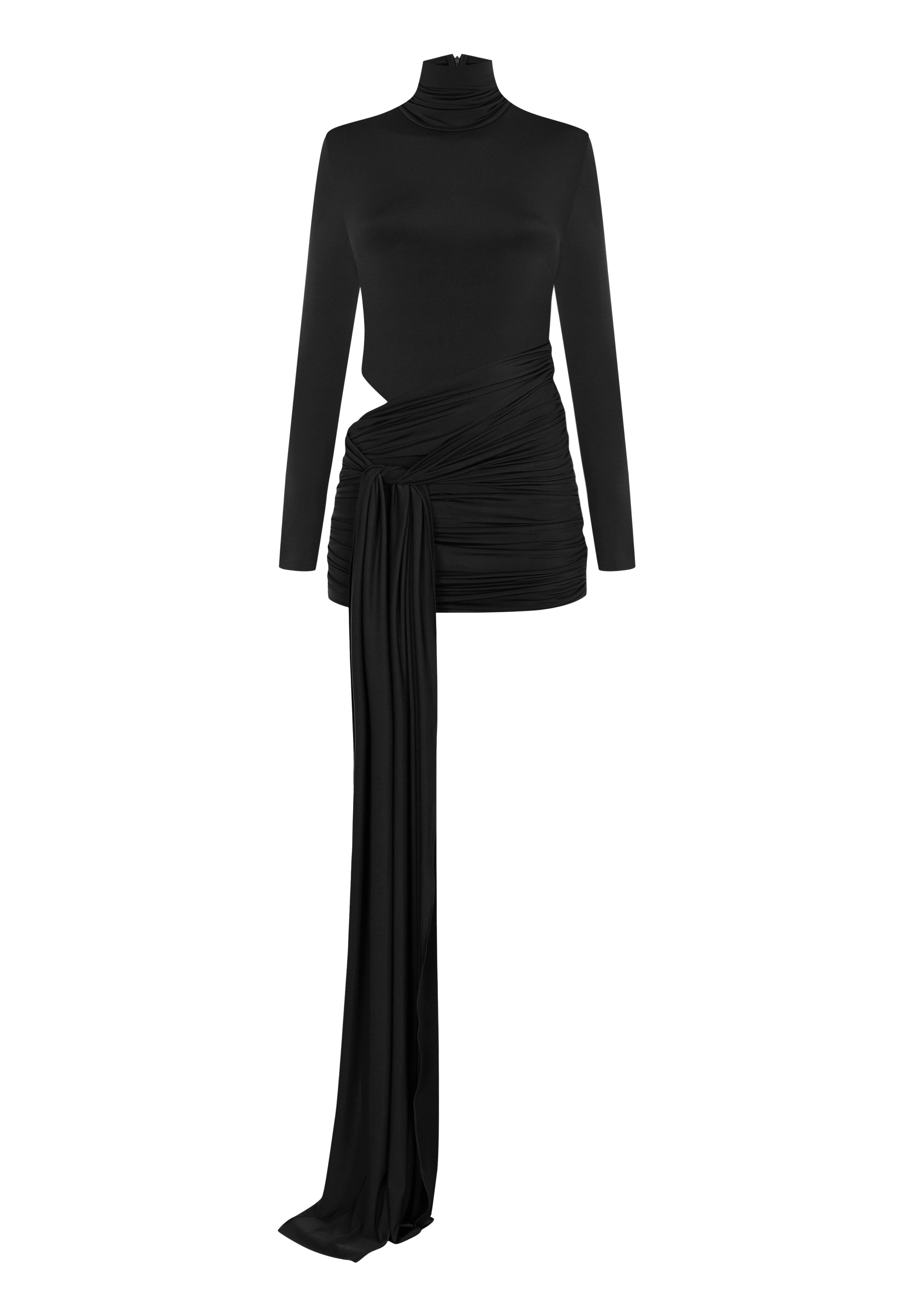 Siyah yüksek yaka uzun kollu drapeli mini elbise