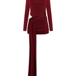  Bordo yüksek yaka uzun kollu drapeli mini elbise