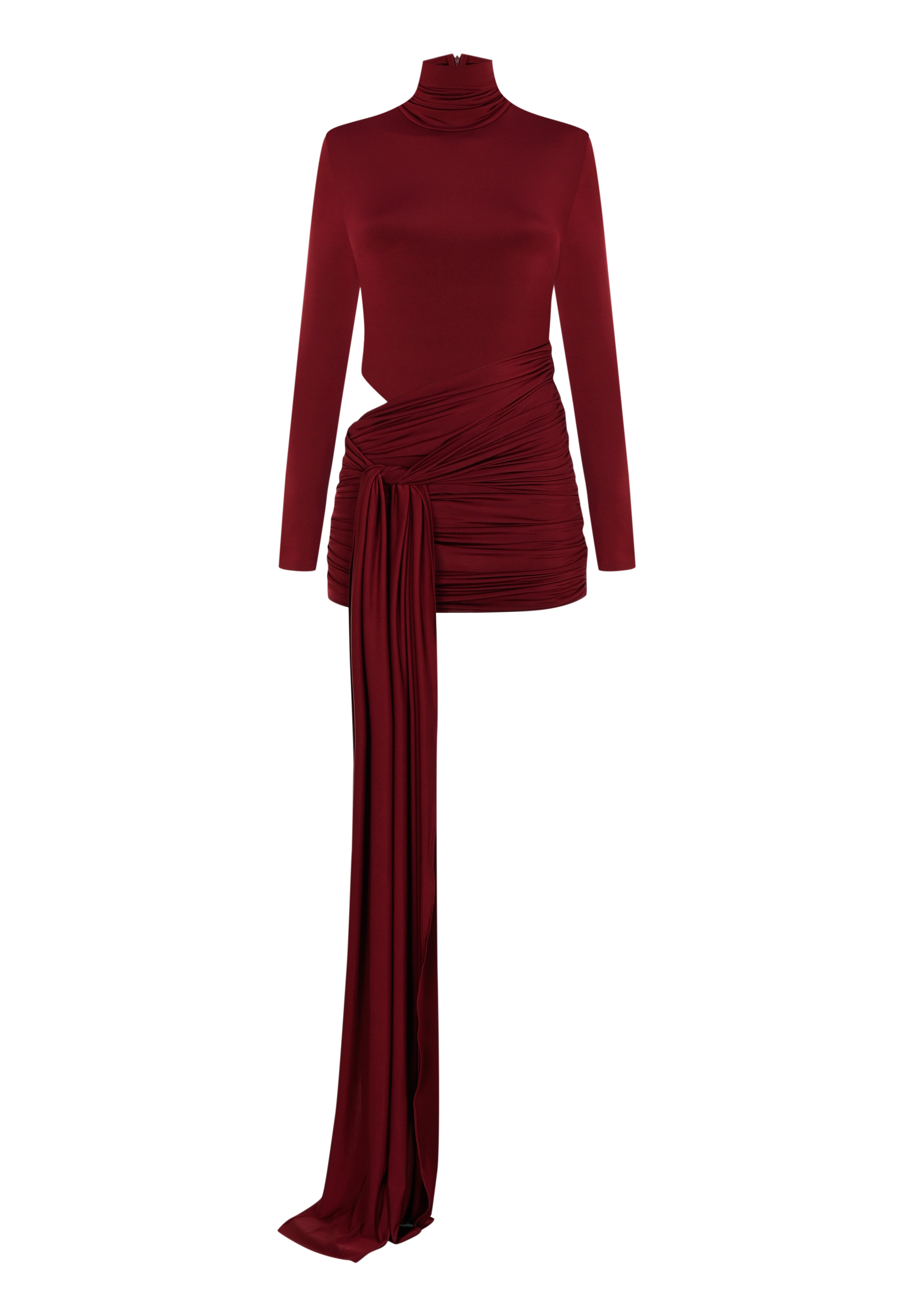  Bordo yüksek yaka uzun kollu drapeli mini elbise