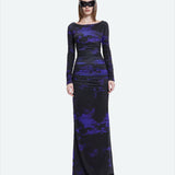 Khela mor siyah desen baskılı kayık yaka drape detaylı maksi elbise