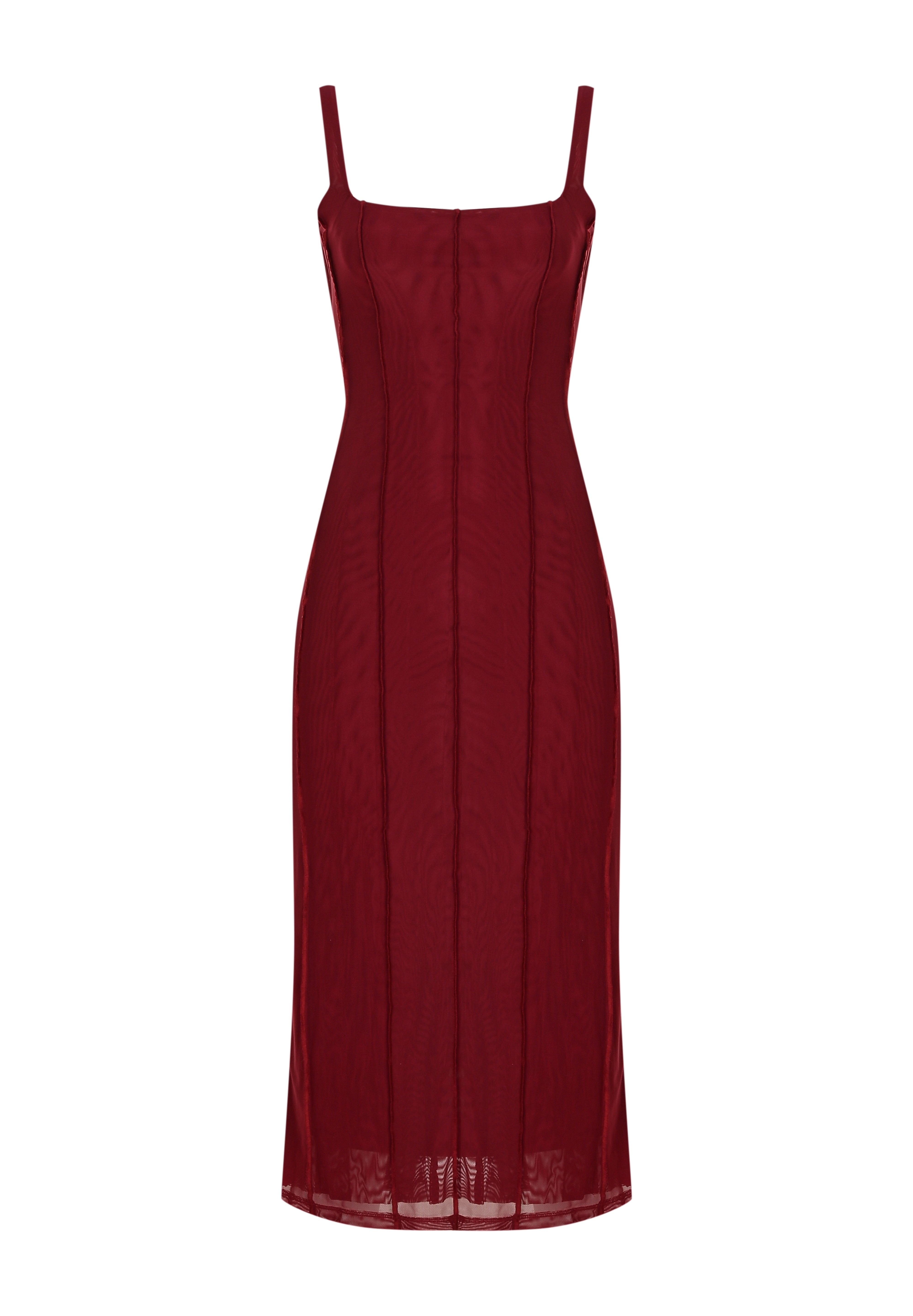 Bordo ince askılı midi elbise