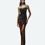 Khela siyah ince askılı drapeli şort astarlı tül elbise