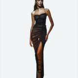 Khela siyah ince askılı drapeli şort astarlı tül elbise