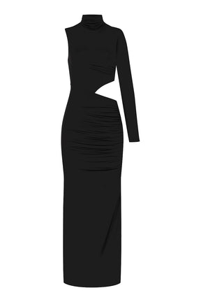 Siyah yüksek yaka uzun kollu cut-out detaylı yırtmaçlı maxi elbise