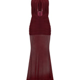 Bordo maksi boy drapeli dekolteli elbise