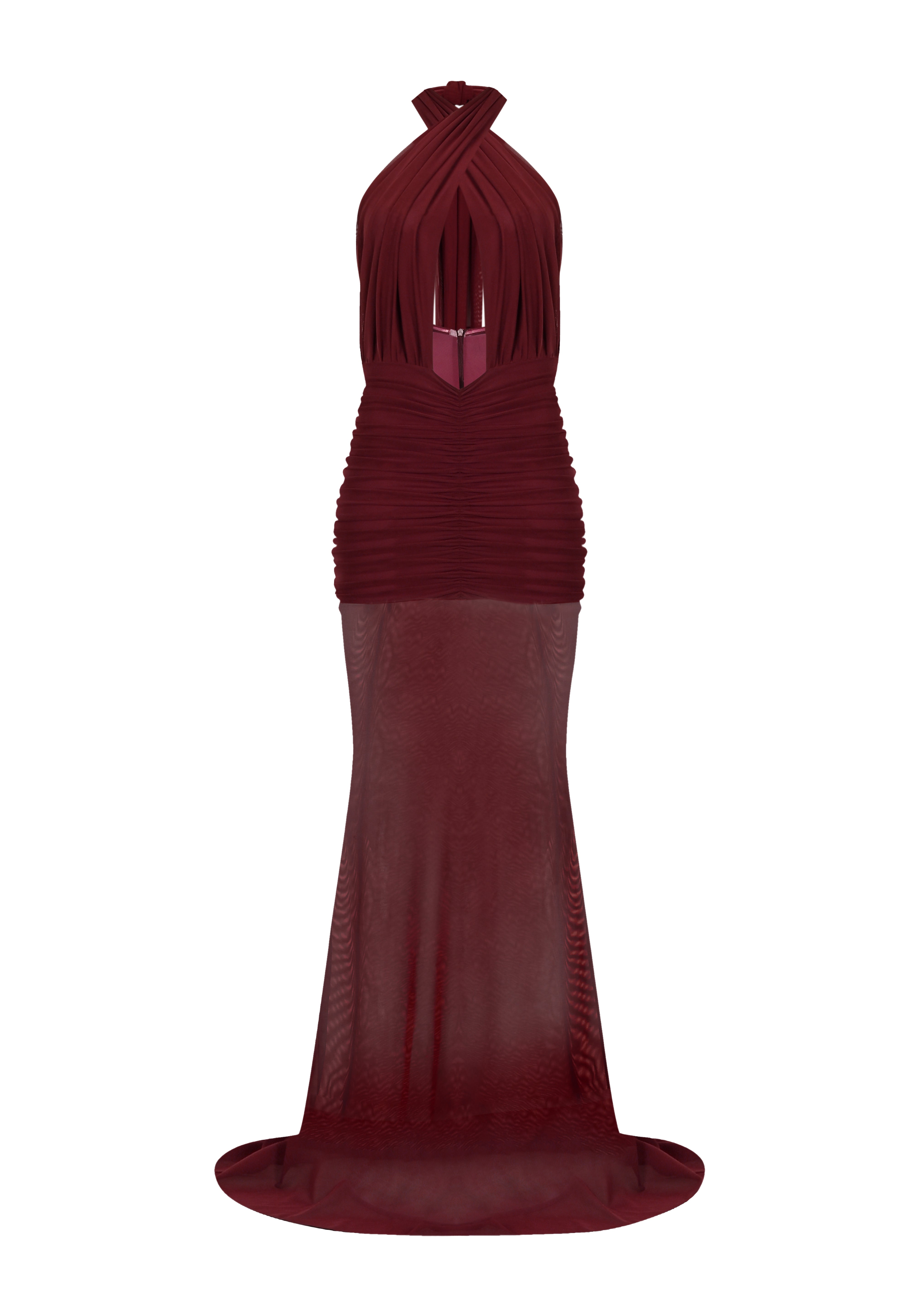 Bordo maksi boy drapeli dekolteli elbise