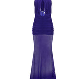 Mor tül kumaş büzgü detaylı göğüs dekolteli transparan maksi elbise