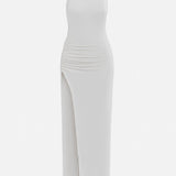 İnci yüksek yaka drapeli derin yırtmaçlı maxi elbise