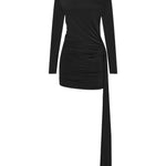 Siyah yüksek yaka uzun kollu drapeli mini elbise 