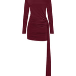 Bordo yüksek yaka uzun kollu drapeli mini elbise